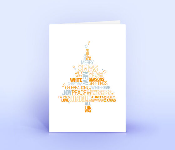 Orangene Weihnachtskarte mit englischer Wordcloud in Form eines Weihnachtsbaumes 3685
