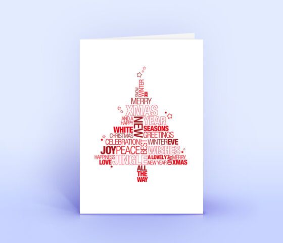 Rote Weihnachtskarte mit englischer Wordcloud in Form eines Weihnachtsbaumes 3687