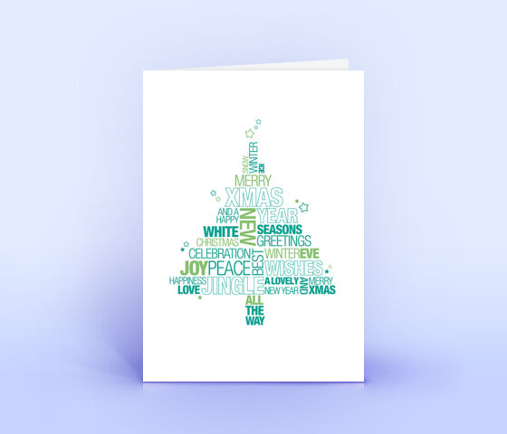 Türkisfarbene Weihnachtskarte mit englischer Wordcloud in Form eines Weihnachtsbaumes 3689
