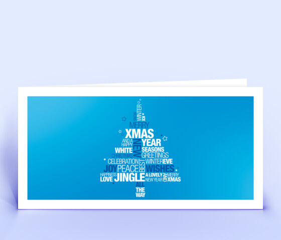 Geschäftliche Weihnachtskarte blau mit englischer Wordcloud in Form eines Weihnachtsbaumes 3700