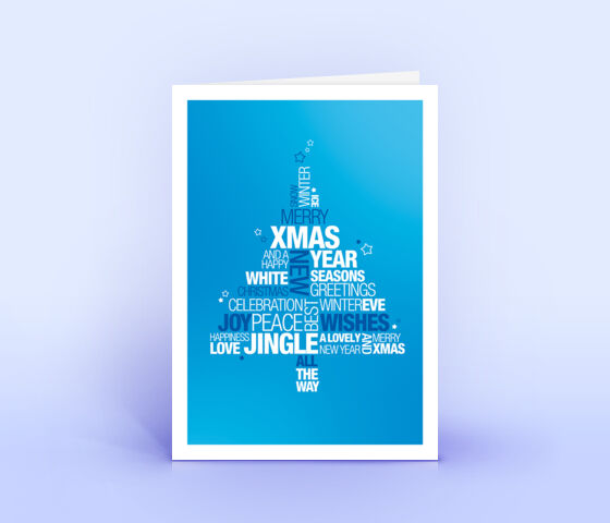 Geschäftliche Weihnachtskarte blau mit englischer Wordcloud in Form eines Weihnachtsbaumes 3701