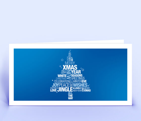 Geschäftliche Weihnachtskarte dunkelblau mit englischer Wordcloud in Form eines Weihnachtsbaumes 3702