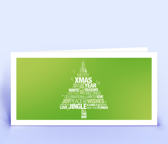 Geschäftliche Weihnachtskarte grün mit englischer Wordcloud in Form eines Weihnachtsbaumes 3704
