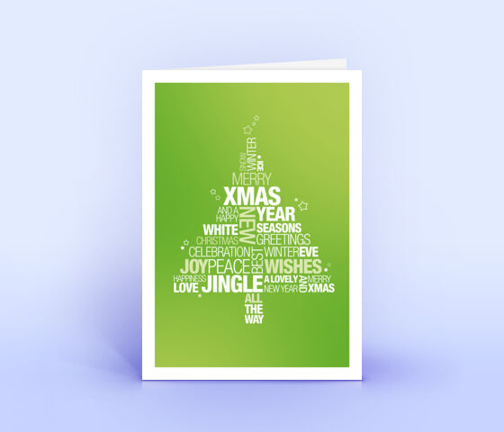 Grüne Weihnachtskarte mit englischer Wordcloud in Form eines Weihnachtsbaumes 3705