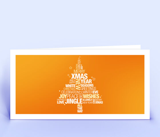 Geschäftliche Weihnachtskarte orange mit englischer Wordcloud in Form eines Weihnachtsbaumes 3706