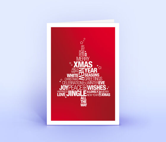 Rote Weihnachtskarte mit englischer Wordcloud in Form eines Weihnachtsbaumes 3709