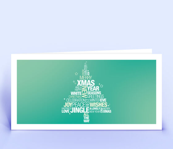 Geschäftliche Weihnachtskarte türkis mit englischer Wordcloud in Form eines Weihnachtsbaumes 3710