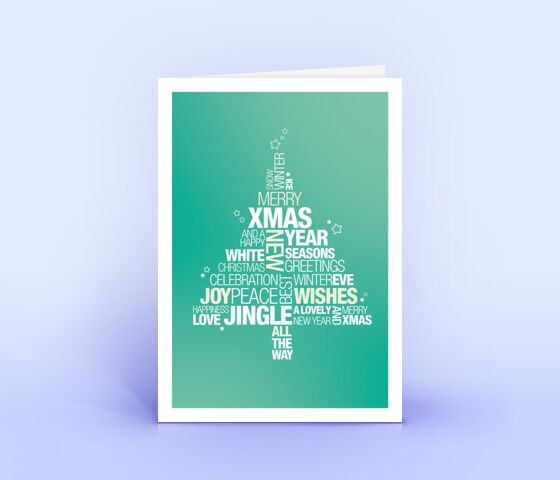 Türkise Weihnachtskarte mit englischer Wordcloud in Form eines Weihnachtsbaumes 3711