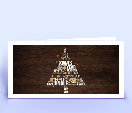 Weihnachtskarte mit englischer Wordcloud in Form eines Weihnachtsbaumes vor Holz-Hintergrund 3712