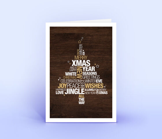 Weihnachtskarte mit englischer Wordcloud in Form eines Weihnachtsbaumes auf Holz-Hintergrund 3713