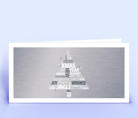 Weihnachtskarte Metall-Design mit englischer Wordcloud in Form eines Weihnachtsbaumes 3714