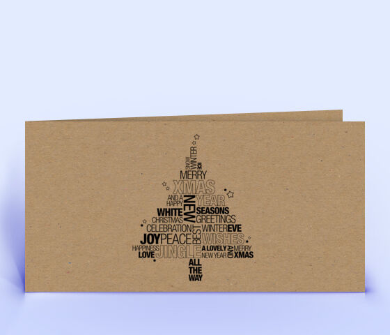Naturpapier Weihnachtskarte mit englischer Wordcloud in Form eines Weihnachtsbaumes 3716