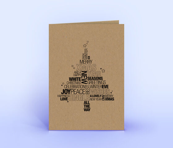 Weihnachtskarte Naturpapier mit englischer Wordcloud in Form eines Weihnachtsbaumes 3717