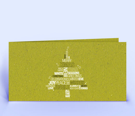 Weihnachtskarte aus Graspapier mit englischer Wordcloud in Form eines Weihnachtsbaumes 3722