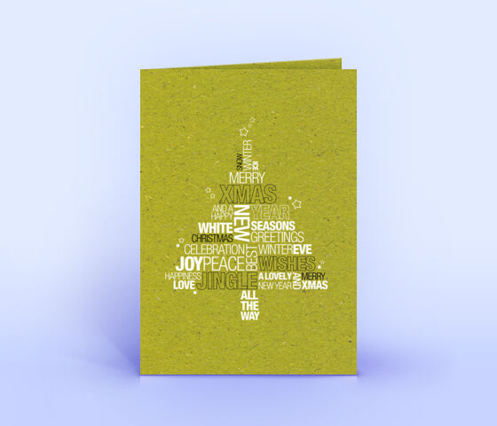 Weihnachtskarte aus Graspapier mit englischer Word-Cloud in Form eines Weihnachtsbaumes 3723