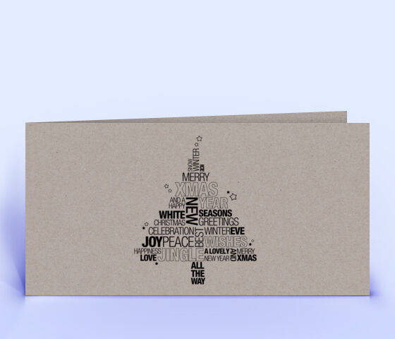 Weihnachtskarte grau mit englischer Wordcloud in Form eines Weihnachtsbaumes 3724
