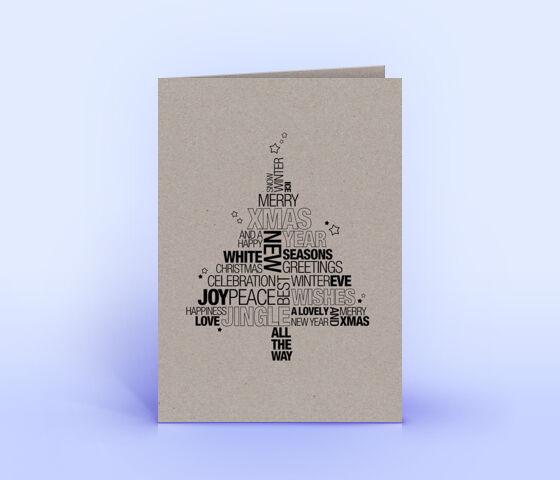 Graue Weihnachtskarte mit englischer Wordcloud in Form eines Weihnachtsbaumes 3725