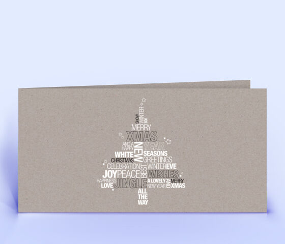 Weihnachtskarte Design-Recyclingpapier grau mit englischer Wordcloud in Form eines Weihnachtsbaumes 3726