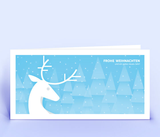 Hellblaue Weihnachtskarte mit Hirsch vor verschneitem Wald 3762