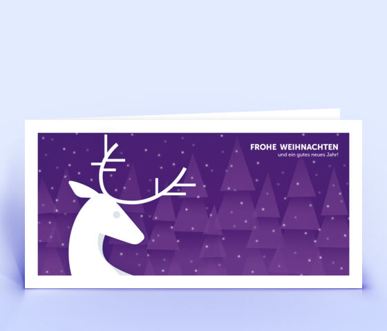 Violette Weihnachtskarte mit Hirsch vor verschneitem Wald 3764