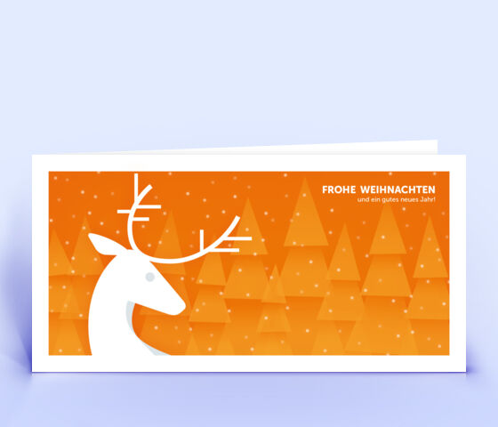 Orange Weihnachtskarte mit Hirsch vor verschneitem Wald 3766