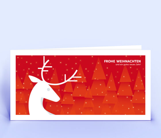 Rote Weihnachtskarte mit Hirsch vor verschneitem Wald 3768