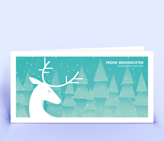 Türkisfarbene Weihnachtskarte mit Hirsch vor verschneitem Wald 3770