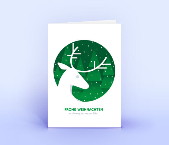 Weihnachtskarte in dunkelgrün mit Hirsch vor verschneitem Wald 3773