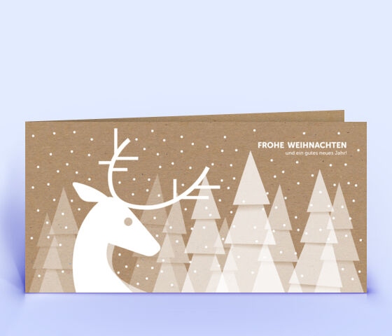 Naturpapier Weihnachtskarte mit Hirsch vor verschneitem Wald 3774