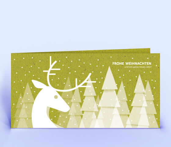 Graspapier Weihnachtskarte mit Hirsch vor verschneitem Wald 3778