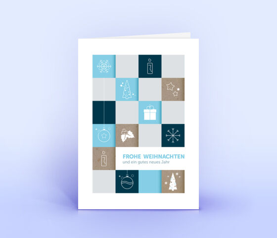 Geschäftliche Weihnachtskarte mit hellblauem Motiv "Weihnachtsquadrate" 3915