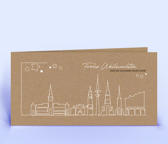 Weihnachtskarten mit Hamburg Skyline auf braunem Naturkarton mit Sonderfarbe Weiß 3954