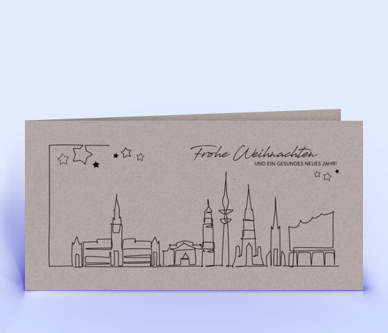 Weihnachtskarte mit Hamburg Skyline auf grauem Design-Recyclingpapier gedruckt 3960
