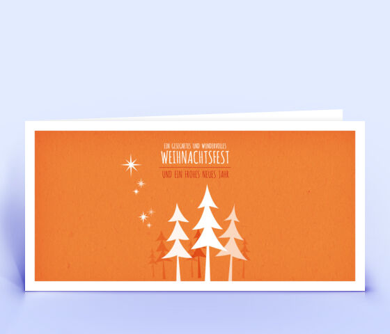 Öko Weihnachtskarte Nr. 458 orange mit einem Weihnachtsbaum ist mit einem verspielten Layout bedruckt.