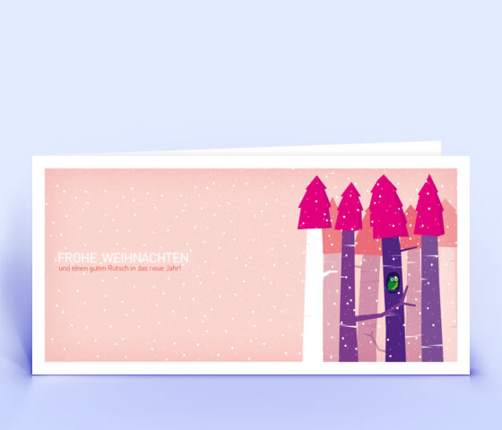 Öko Weihnachtskarte Nr. 554 pink mit handgefertigter Zeichnung zeigt eine märchenhafte Anmutung.