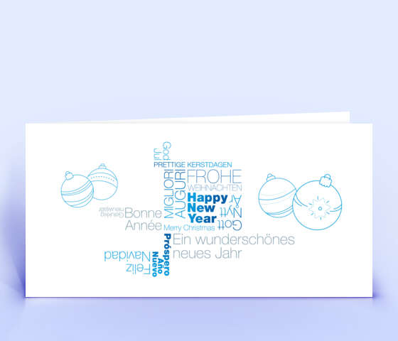 Weihnachtskarte mit mehrsprachiger Wortwolke in blau 5950
