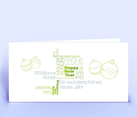 Weihnachtskarte mit mehrsprachiger Wortwolke in grün 5952