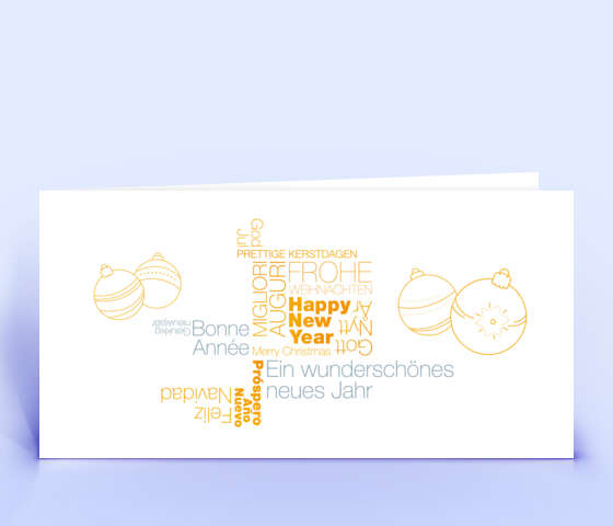 Weihnachtskarte mit mehrsprachiger Wortwolke in orange 5954