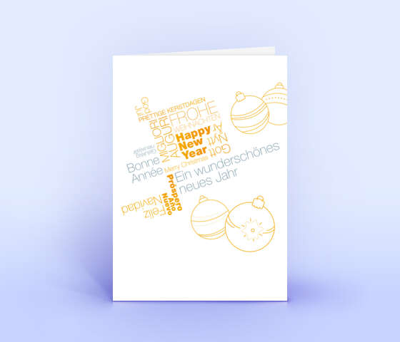 Orange Weihnachtskarte mit internationalen Weihnachtsgrüßen als Wortwolke 5955