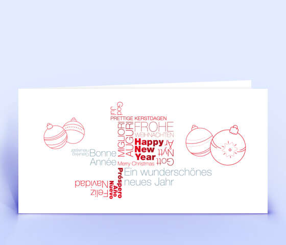 Weihnachtskarte mit mehrsprachiger Wortwolke in rot 5956