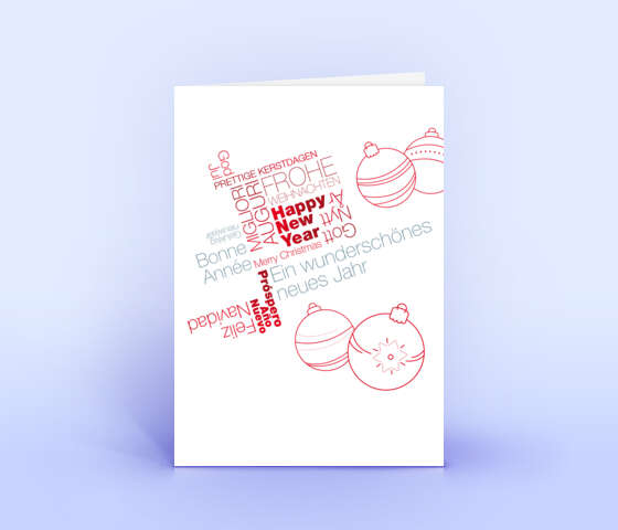 Rote Weihnachtskarte mit internationalen Weihnachtsgrüßen als Wortwolke 5957