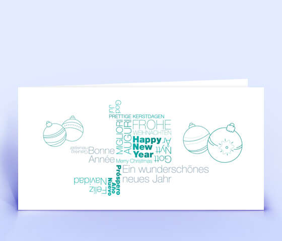 Weihnachtskarte mit mehrsprachiger Wortwolke in türkis 5958