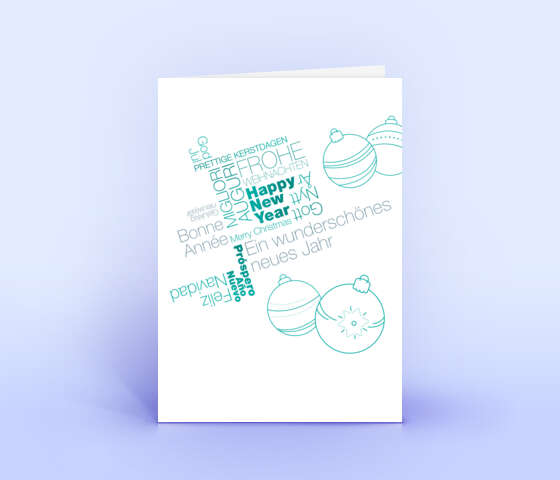 Türkise Weihnachtskarte mit internationalen Weihnachtsgrüßen als Wortwolke 5959