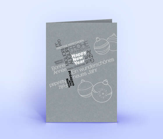 Weihnachtskarte mit internationalen Weihnachtsgrüßen als Wordcloud auf grauem Naturpapier 5971