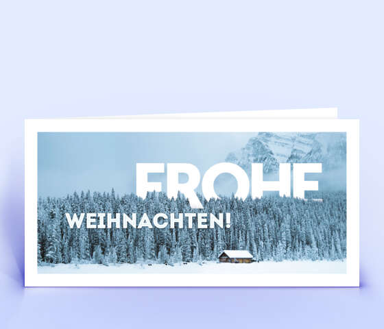 Weihnachtskartre in hellblau mit eingeschneiter Berghütte 7070