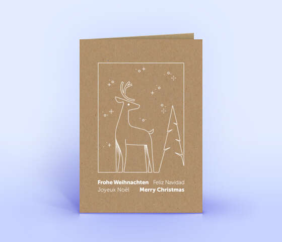 Weihnachtskarte auf braunem NDesign-Recyclingpapier mit filigraner Hirsch Illustration 7083