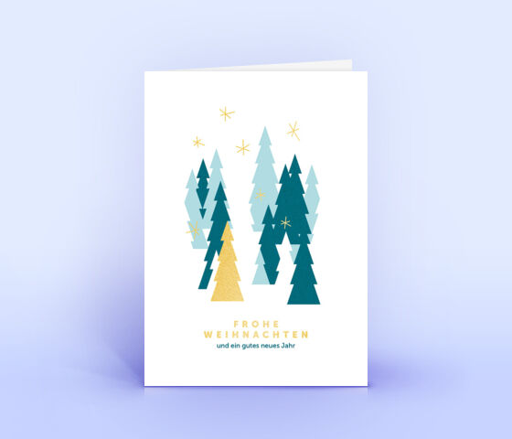 Öko Weihnachtskarten Nr. 821 gold mit mehreren Weihnachtsbäumen zeigen ein modernes Kartenmotiv.