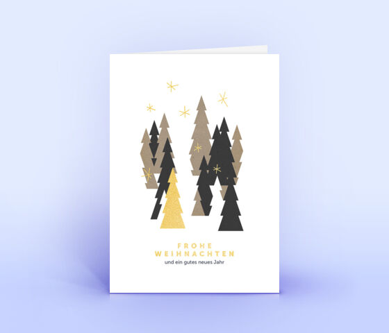Öko Weihnachtskarten Nr. 825 gold mit mehreren Weihnachtsbäumen zeigen ein originelles Design.