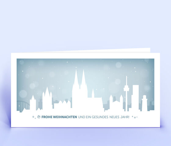 Edle Weihnachtskarte mit stilisierter Köln Skyline vor verschneitem Himmel 848